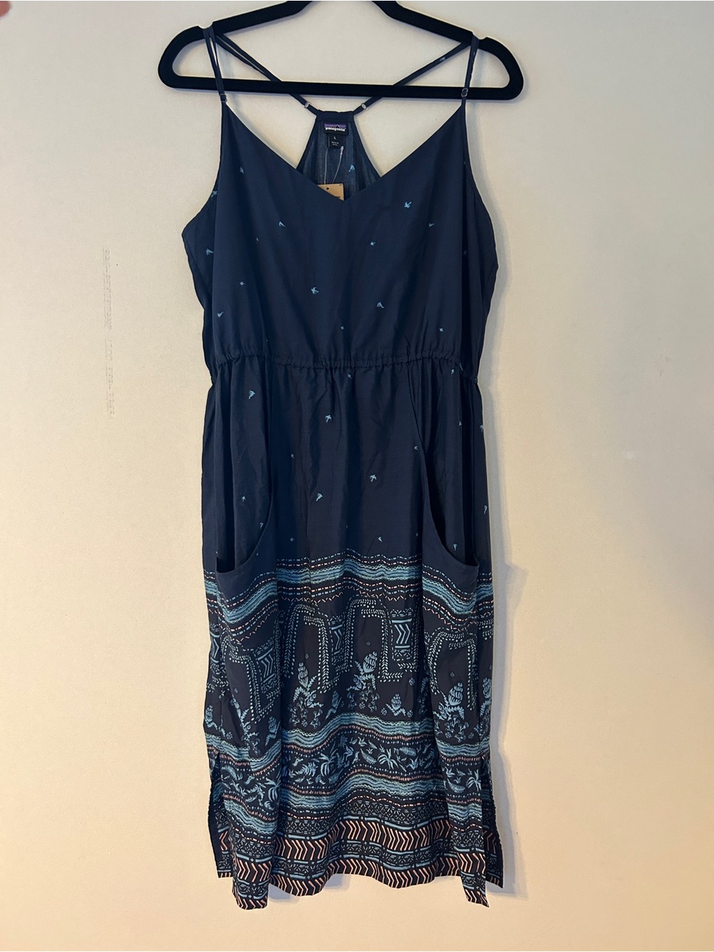 NWT Patagonia Navy Blue Printed Midi Dress with Aqua Pattern